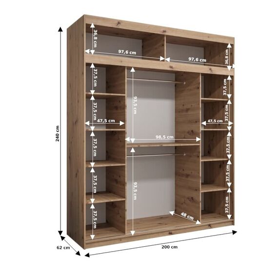 Kryspol Schwebetürenschrank York 200 cm Kleiderschrank mit Kleiderstange und Einlegeboden Schlafzimmer- Wohnzimmerschrank Schiebetüren Modern Design (Sonoma + Weiß mit Erweiterung)