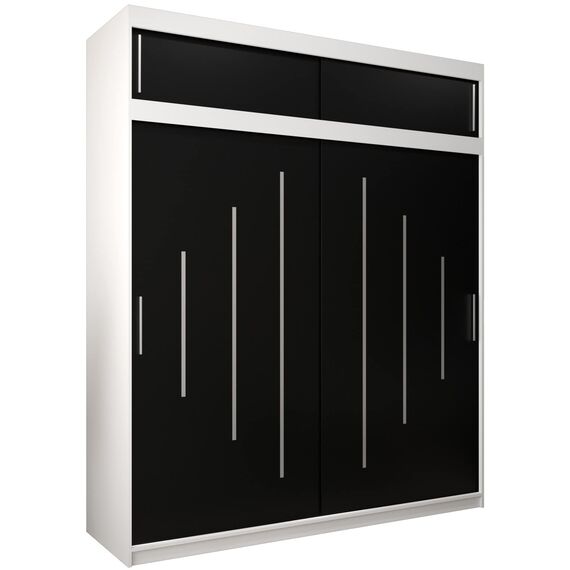 Kryspol Schwebetürenschrank York 200 cm Kleiderschrank mit Kleiderstange und Einlegeboden Schlafzimmer- Wohnzimmerschrank Schiebetüren Modern Design (Weiß + Schwarz mit Erweiterung)
