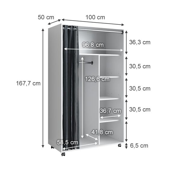 Vicco Kleiderschrank Doros, Weiß, 100 x 168 cm, mit Rollen zur flexiblen Platzierung im Raum