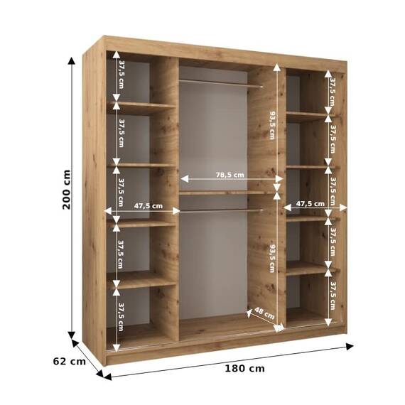 MEBLE KRYSPOL - Kleiderschrank, Schlafzimmerschrank - Schrank Zwei Türen - 4 Fächer rechts, Links, 2 Stangen, Fach - Garderobenschrank York, Körperfarbe Weiß, Frontfarbe Weiß - 180x62x200cm