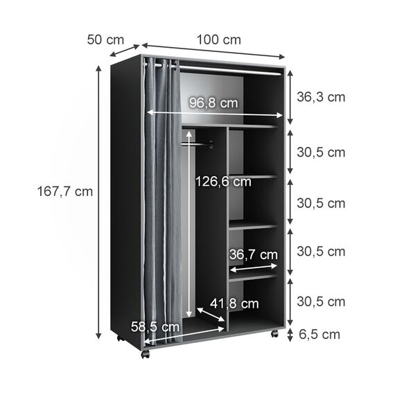 Vicco Kleiderschrank Doros, Grau, 100 x 168 cm mit Rollen, mit Rollen zur flexiblen Platzierung im Raum