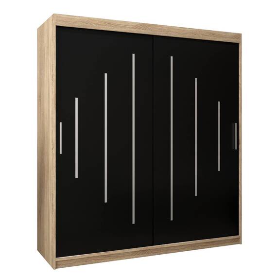 MEBLE KRYSPOL - Kleiderschrank, Schlafzimmerschrank - Schrank Zwei Türen - 4 Fächer rechts, Links, 2 Stangen, Fach - Garderobenschrank York, Körperfarbe Sonoma, Frontfarbe Schwarz - 180x62x200cm