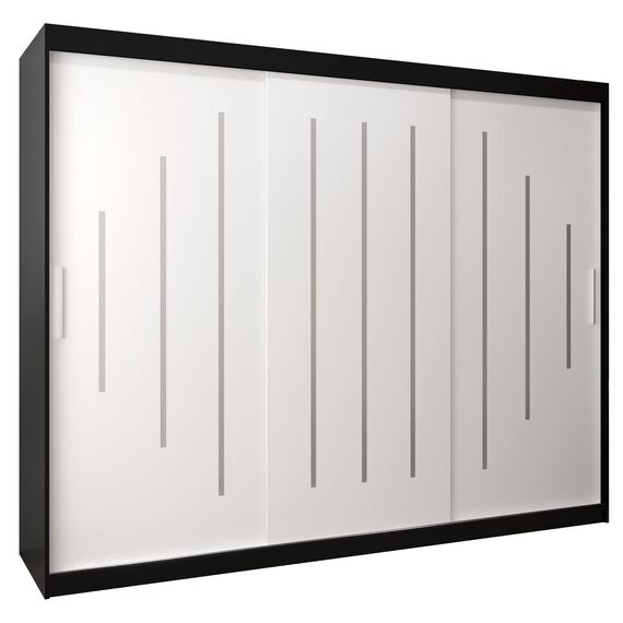 MEBLE KRYSPOL - Kleiderschrank, Schlafzimmerschrank - Schrank DREI Türen - 4 Fächer rechts, Links, 2 Stangen, Fach - Garderobenschrank York, Körperfarbe Schwarz, Frontfarbe Weiß - 250x62x200cm