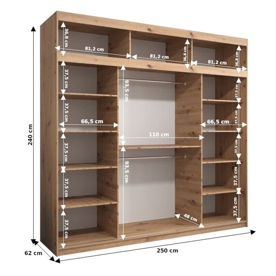 Kryspol Schwebetürenschrank York 250 cm Kleiderschrank mit Kleiderstange und Einlegeboden Schlafzimmer- Wohnzimmerschrank Schiebetüren Modern Design (Sonoma + Weiß mit Erweiterung)
