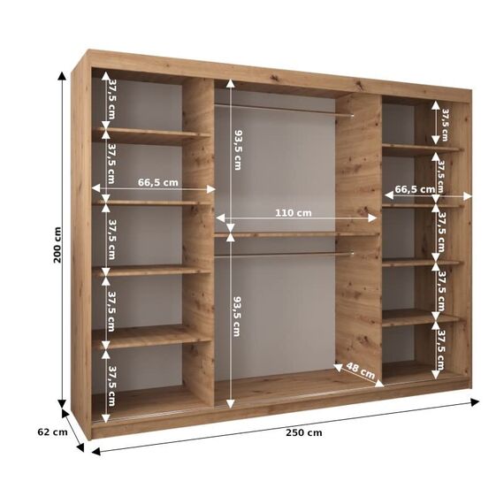 MEBLE KRYSPOL - Kleiderschrank, Schlafzimmerschrank - Schrank DREI Türen - 4 Fächer rechts, Links, 2 Stangen, Fach - Garderobenschrank York, Körperfarbe Schwarz, Frontfarbe Artisan - 250x62x200cm