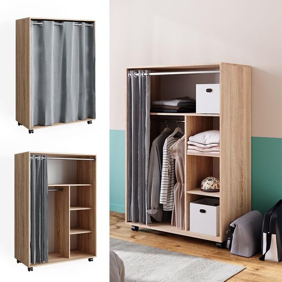Vicco Kleiderschrank Doros, Sonoma, 100 x 146.6 cm mit Rollen, mit Rollen zur flexiblen Platzierung im Raum