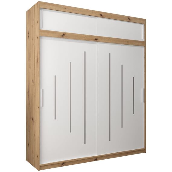 Kryspol Schwebetürenschrank York 200 cm Kleiderschrank mit Kleiderstange und Einlegeboden Schlafzimmer- Wohnzimmerschrank Schiebetüren Modern Design (Artisan Eiche + Weiß mit Erweiterung)