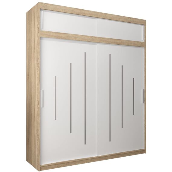 Kryspol Schwebetürenschrank York 200 cm Kleiderschrank mit Kleiderstange und Einlegeboden Schlafzimmer- Wohnzimmerschrank Schiebetüren Modern Design (Sonoma + Weiß mit Erweiterung)