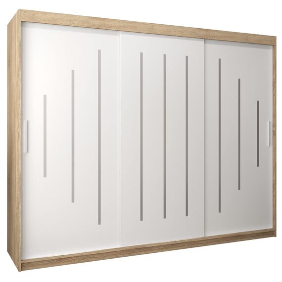 MEBLE KRYSPOL - Kleiderschrank, Schlafzimmerschrank - Schrank DREI Türen - 4 Fächer rechts, Links, 2 Stangen, Fach - Garderobenschrank York, Körperfarbe Sonoma, Frontfarbe Weiß - 250x62x200cm