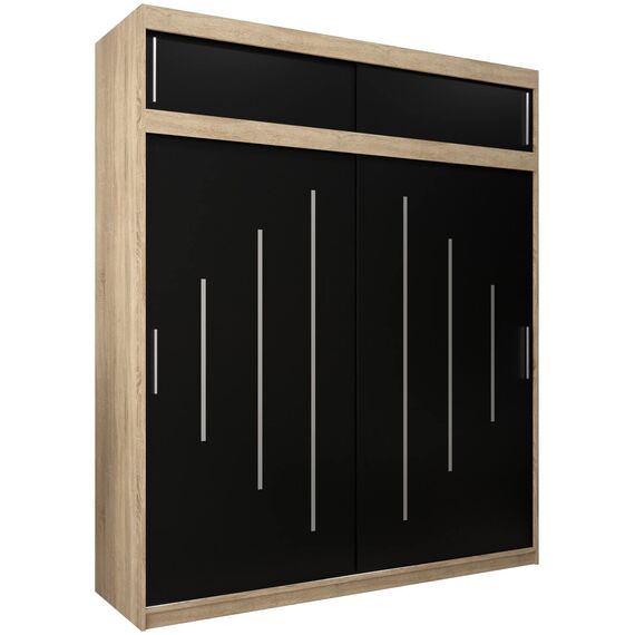 Kryspol Schwebetürenschrank York 200 cm Kleiderschrank mit Kleiderstange und Einlegeboden Schlafzimmer- Wohnzimmerschrank Schiebetüren Modern Design (Sonoma + Schwarz mit Erweiterung)