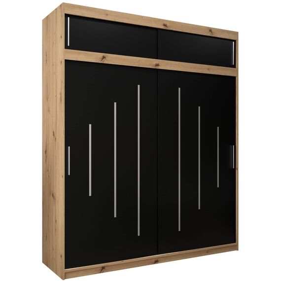 Kryspol Schwebetürenschrank York 200 cm Kleiderschrank mit Kleiderstange und Einlegeboden Schlafzimmer- Wohnzimmerschrank Schiebetüren Modern Design (Artisan Eiche + Schwarz mit Erweiterung)