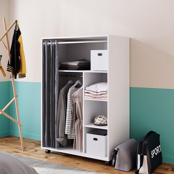 Vicco Kleiderschrank Doros, Weiß, 100 x 146.6 cm mit Rollen, mit Rollen zur flexiblen Platzierung im Raum
