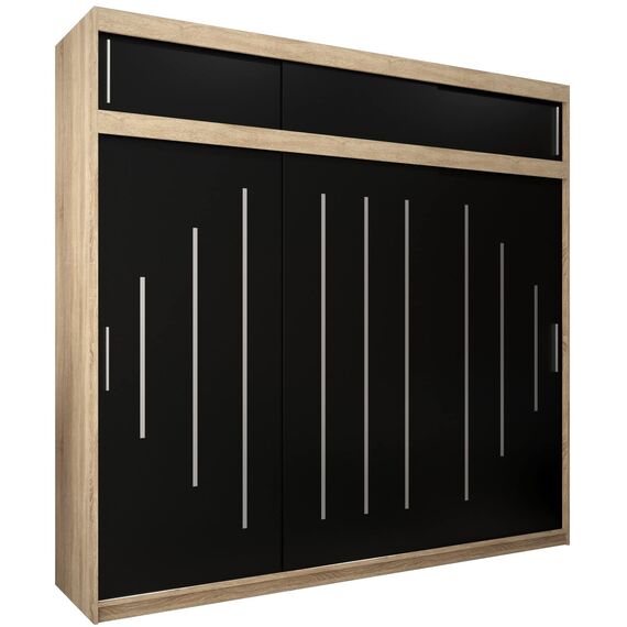 Kryspol Schwebetürenschrank York 250 cm Kleiderschrank mit Kleiderstange und Einlegeboden Schlafzimmer- Wohnzimmerschrank Schiebetüren Modern Design (Sonoma + Schwarz mit Erweiterung)