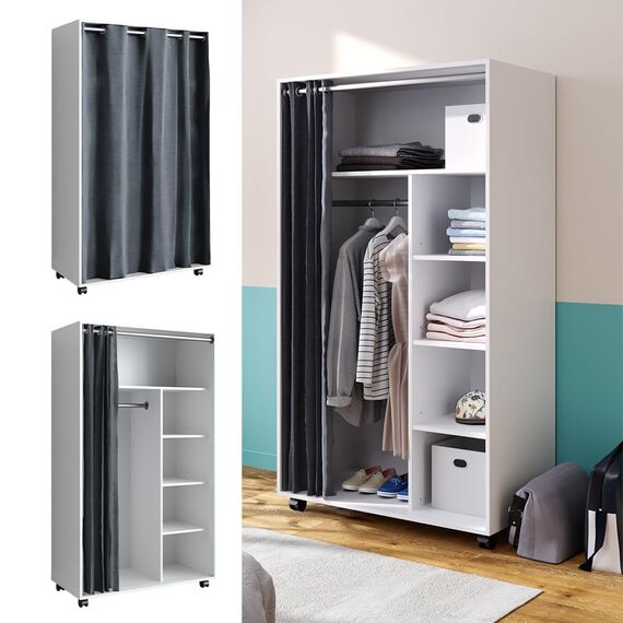 Vicco Kleiderschrank Doros, Weiß, 100 x 168 cm, mit Rollen zur flexiblen Platzierung im Raum
