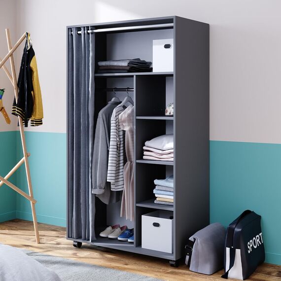 Vicco Kleiderschrank Doros, Grau, 100 x 168 cm mit Rollen, mit Rollen zur flexiblen Platzierung im Raum