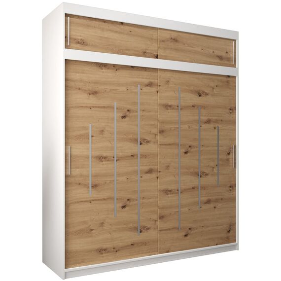 Kryspol Schwebetürenschrank York 200 cm Kleiderschrank mit Kleiderstange und Einlegeboden Schlafzimmer- Wohnzimmerschrank Schiebetüren Modern Design (Weiß + Artisan Eiche mit Erweiterung)