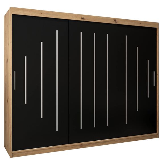 MEBLE KRYSPOL - Kleiderschrank, Schlafzimmerschrank - Schrank DREI Türen - 4 Fächer rechts, Links, 2 Stangen, Fach - Garderobenschrank York, Körperfarbe Artisan, Frontfarbe Schwarz - 250x62x200cm