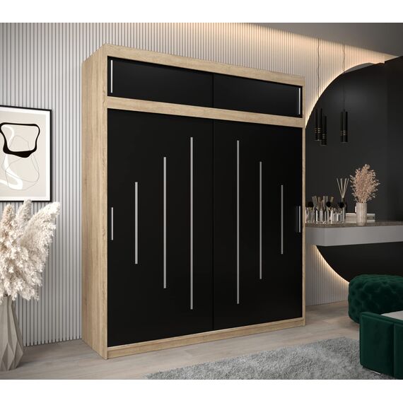 Kryspol Schwebetürenschrank York 200 cm Kleiderschrank mit Kleiderstange und Einlegeboden Schlafzimmer- Wohnzimmerschrank Schiebetüren Modern Design (Sonoma + Schwarz mit Erweiterung)
