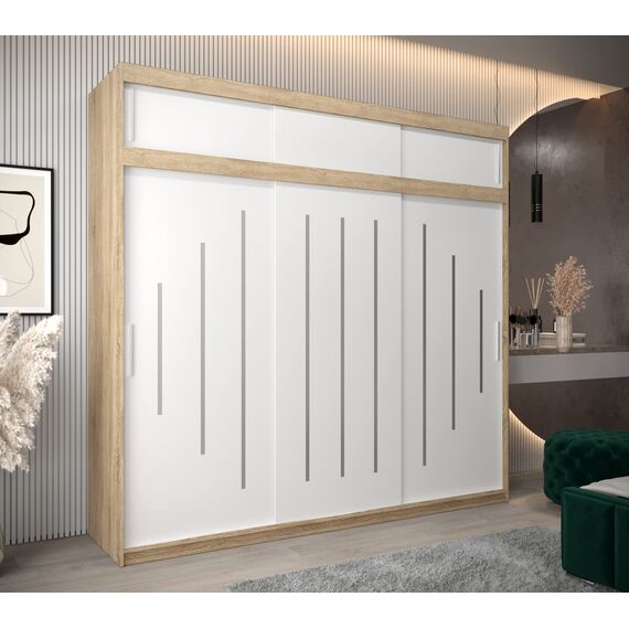 Kryspol Schwebetürenschrank York 250 cm Kleiderschrank mit Kleiderstange und Einlegeboden Schlafzimmer- Wohnzimmerschrank Schiebetüren Modern Design (Sonoma + Weiß mit Erweiterung)