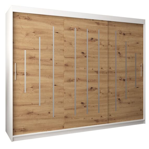 MEBLE KRYSPOL - Kleiderschrank, Schlafzimmerschrank - Schrank DREI Türen - 4 Fächer rechts, Links, 2 Stangen, Fach - Garderobenschrank York, Körperfarbe Weiß, Frontfarbe Artisan - 250x62x200cm