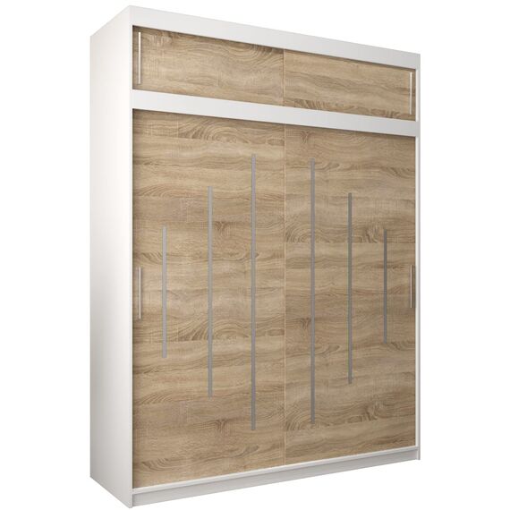 Kryspol Schwebetürenschrank York 180 cm Kleiderschrank mit Kleiderstange und Einlegeboden Schlafzimmer- Wohnzimmerschrank Schiebetüren Modern Design (Weiß + Sonoma mit Erweiterung)