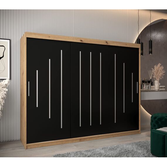 MEBLE KRYSPOL - Kleiderschrank, Schlafzimmerschrank - Schrank DREI Türen - 4 Fächer rechts, Links, 2 Stangen, Fach - Garderobenschrank York, Körperfarbe Artisan, Frontfarbe Schwarz - 250x62x200cm