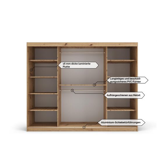 MEBLE KRYSPOL - Kleiderschrank, Schlafzimmerschrank - Schrank DREI Türen - 4 Fächer rechts, Links, 2 Stangen, Fach - Garderobenschrank York, Körperfarbe Schwarz, Frontfarbe Artisan - 250x62x200cm