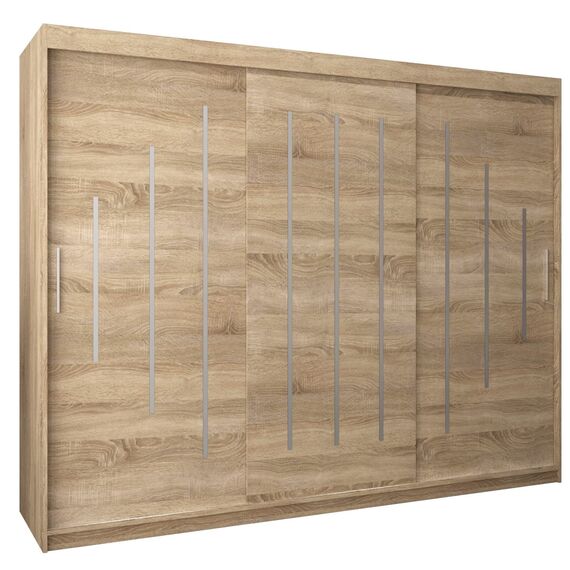 MEBLE KRYSPOL - Kleiderschrank, Schlafzimmerschrank - Schrank DREI Türen - 4 Fächer rechts, Links, 2 Stangen, Fach - Garderobenschrank York, Körperfarbe Sonoma, Frontfarbe Sonoma - 250x62x200cm