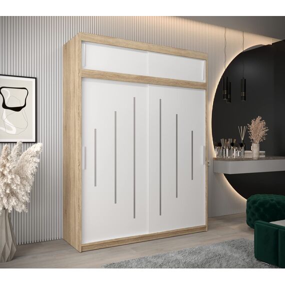 Kryspol Schwebetürenschrank York 180 cm Kleiderschrank mit Kleiderstange und Einlegeboden Schlafzimmer- Wohnzimmerschrank Schiebetüren Modern Design (Sonoma + Weiß mit Erweiterung)