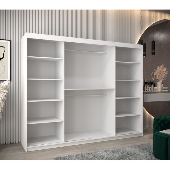 MEBLE KRYSPOL - Kleiderschrank, Schlafzimmerschrank - Schrank DREI Türen - 4 Fächer rechts, Links, 2 Stangen, Fach - Garderobenschrank York, Körperfarbe Weiß, Frontfarbe Schwarz - 250x62x200cm
