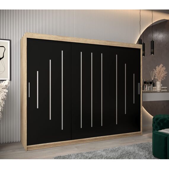 MEBLE KRYSPOL - Kleiderschrank, Schlafzimmerschrank - Schrank DREI Türen - 4 Fächer rechts, Links, 2 Stangen, Fach - Garderobenschrank York, Körperfarbe Sonoma, Frontfarbe Schwarz - 250x62x200cm