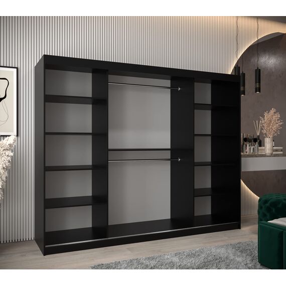 MEBLE KRYSPOL - Kleiderschrank, Schlafzimmerschrank - Schrank DREI Türen - 4 Fächer rechts, Links, 2 Stangen, Fach - Garderobenschrank York, Körperfarbe Schwarz, Frontfarbe Artisan - 250x62x200cm