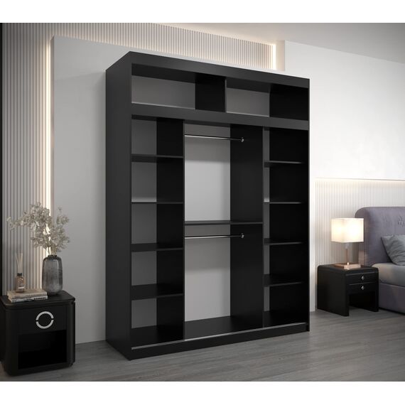 Kryspol Schwebetürenschrank York 180 cm Kleiderschrank mit Kleiderstange und Einlegeboden Schlafzimmer- Wohnzimmerschrank Schiebetüren Modern Design (Schwarz mit Erweiterung)