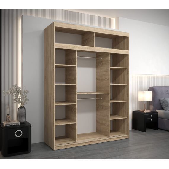 Kryspol Schwebetürenschrank York 180 cm Kleiderschrank mit Kleiderstange und Einlegeboden Schlafzimmer- Wohnzimmerschrank Schiebetüren Modern Design (Sonoma + Schwarz mit Erweiterung)