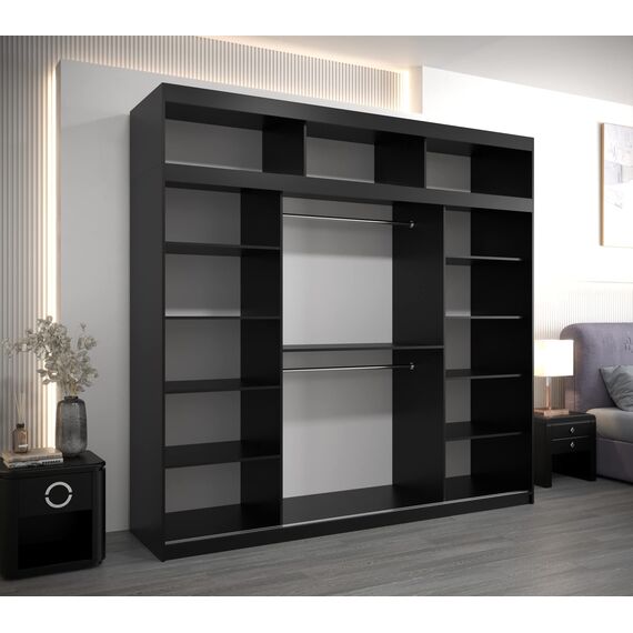 Kryspol Schwebetürenschrank York 250 cm Kleiderschrank mit Kleiderstange und Einlegeboden Schlafzimmer- Wohnzimmerschrank Schiebetüren Modern Design (Schwarz mit Erweiterung)