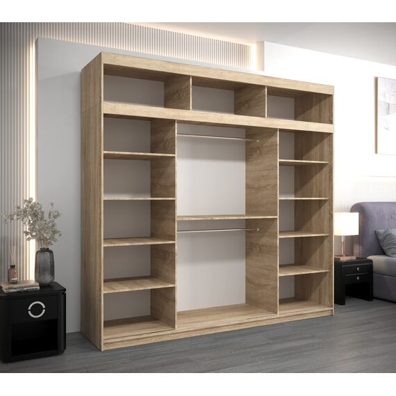 Kryspol Schwebetürenschrank York 250 cm Kleiderschrank mit Kleiderstange und Einlegeboden Schlafzimmer- Wohnzimmerschrank Schiebetüren Modern Design (Sonoma mit Erweiterung)