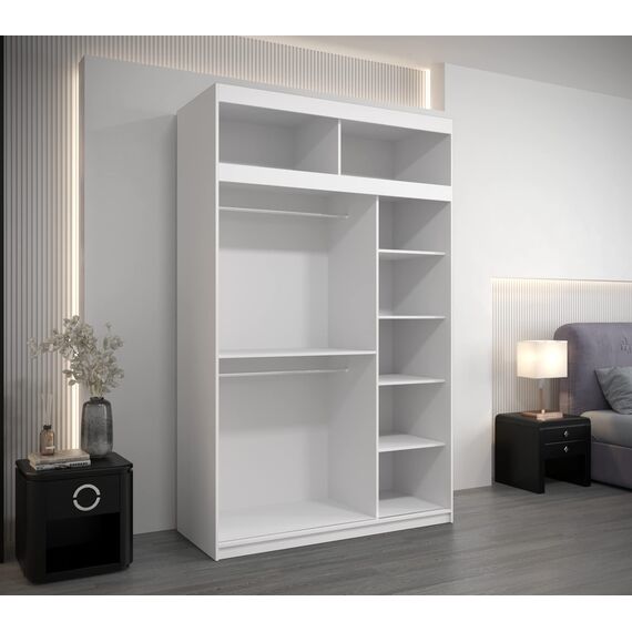 Kryspol Schwebetürenschrank York 150 cm Kleiderschrank mit Kleiderstange und Einlegeboden Schlafzimmer- Wohnzimmerschrank Schiebetüren Modern Design (Weiß mit Erweiterung)