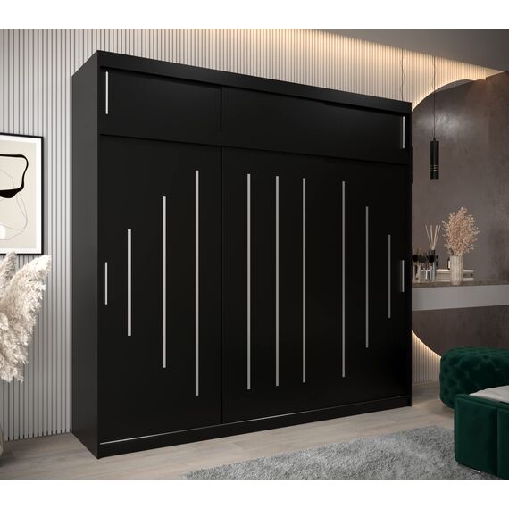 Kryspol Schwebetürenschrank York 250 cm Kleiderschrank mit Kleiderstange und Einlegeboden Schlafzimmer- Wohnzimmerschrank Schiebetüren Modern Design (Schwarz mit Erweiterung)
