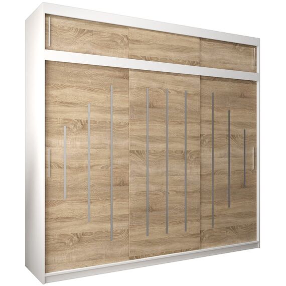 Kryspol Schwebetürenschrank York 250 cm Kleiderschrank mit Kleiderstange und Einlegeboden Schlafzimmer- Wohnzimmerschrank Schiebetüren Modern Design (Weiß + Sonoma mit Erweiterung)