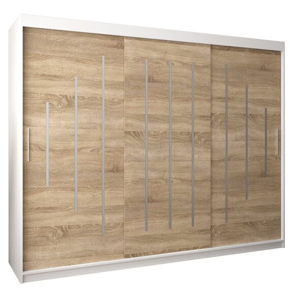MEBLE KRYSPOL - Kleiderschrank, Schlafzimmerschrank - Schrank DREI Türen - 4 Fächer rechts, Links, 2 Stangen, Fach - Garderobenschrank York, Körperfarbe Weiß, Frontfarbe Sonoma - 250x62x200cm