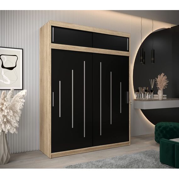 Kryspol Schwebetürenschrank York 180 cm Kleiderschrank mit Kleiderstange und Einlegeboden Schlafzimmer- Wohnzimmerschrank Schiebetüren Modern Design (Sonoma + Schwarz mit Erweiterung)