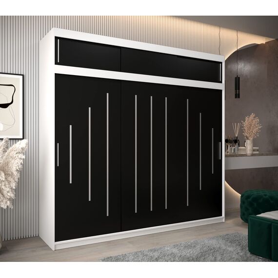Kryspol Schwebetürenschrank York 250 cm Kleiderschrank mit Kleiderstange und Einlegeboden Schlafzimmer- Wohnzimmerschrank Schiebetüren Modern Design (Weiß + Schwarz mit Erweiterung)