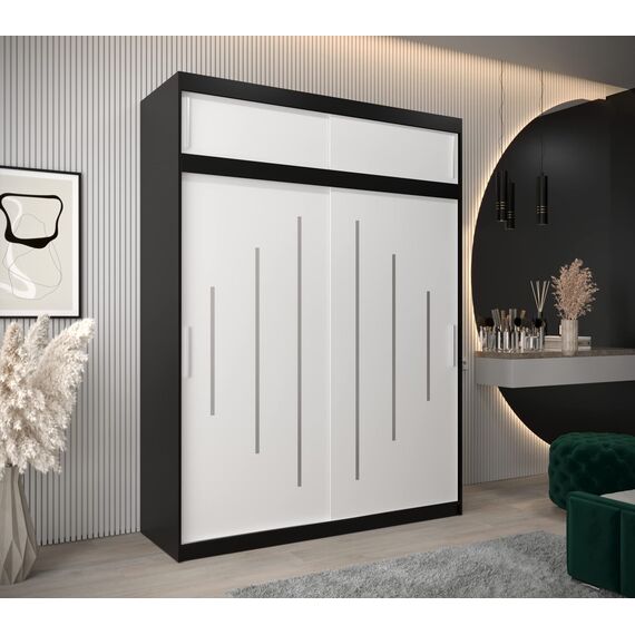 Kryspol Schwebetürenschrank York 180 cm Kleiderschrank mit Kleiderstange und Einlegeboden Schlafzimmer- Wohnzimmerschrank Schiebetüren Modern Design (Schwarz + Weiß mit Erweiterung)
