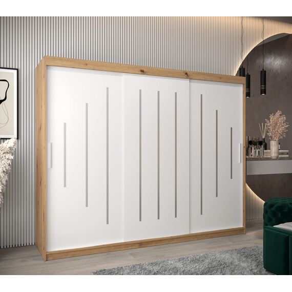 MEBLE KRYSPOL - Kleiderschrank, Schlafzimmerschrank - Schrank DREI Türen - 4 Fächer rechts, Links, 2 Stangen, Fach - Garderobenschrank York, Körperfarbe Artisan, Frontfarbe Weiß - 250x62x200cm