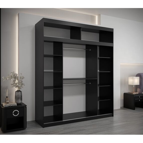Kryspol Schwebetürenschrank York 200 cm Kleiderschrank mit Kleiderstange und Einlegeboden Schlafzimmer- Wohnzimmerschrank Schiebetüren Modern Design (Schwarz + Weiß mit Erweiterung)