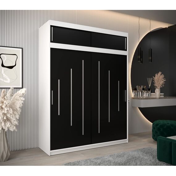 Kryspol Schwebetürenschrank York 180 cm Kleiderschrank mit Kleiderstange und Einlegeboden Schlafzimmer- Wohnzimmerschrank Schiebetüren Modern Design (Weiß + Schwarz mit Erweiterung)