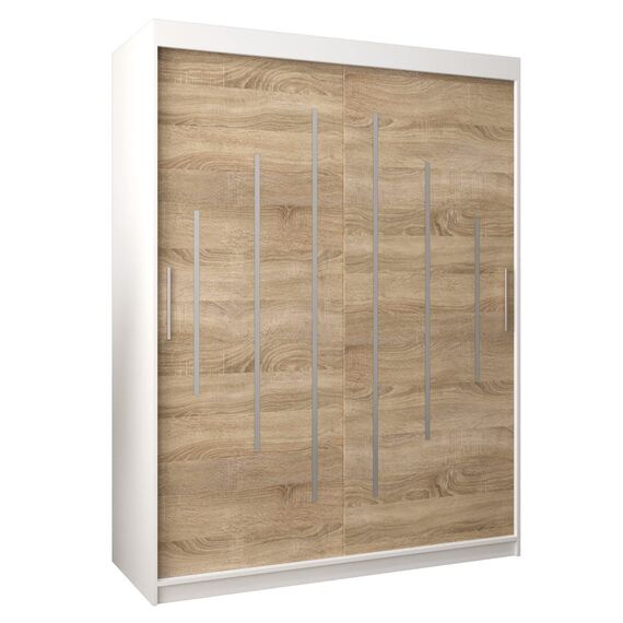 MEBLE KRYSPOL - Kleiderschrank, Schlafzimmerschrank - Schrank Zwei Türen - 4 Fachböden, 2 Stangen, Fachboden - Garderobenschrank York, Körperfarbe Weiß, Frontfarbe Sonoma - 150x62x200cm