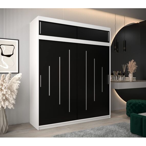 Kryspol Schwebetürenschrank York 200 cm Kleiderschrank mit Kleiderstange und Einlegeboden Schlafzimmer- Wohnzimmerschrank Schiebetüren Modern Design (Weiß + Schwarz mit Erweiterung)