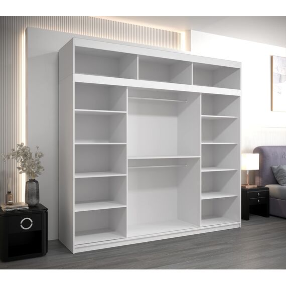 Kryspol Schwebetürenschrank York 250 cm Kleiderschrank mit Kleiderstange und Einlegeboden Schlafzimmer- Wohnzimmerschrank Schiebetüren Modern Design (Weiß mit Erweiterung)
