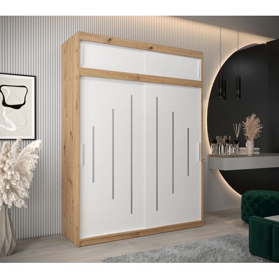 Kryspol Schwebetürenschrank York 180 cm Kleiderschrank mit Kleiderstange und Einlegeboden Schlafzimmer- Wohnzimmerschrank Schiebetüren Modern Design (Artisan Eiche + Weiß mit Erweiterung)
